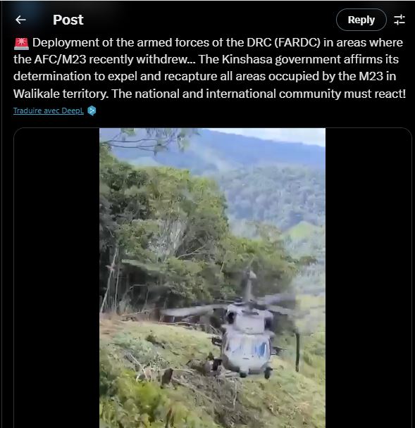 Capture d'écran de la publication de la vidéo qui prétend montrer un déploiement des militaires congolais à Walikale dans la province du Nord-Kivu