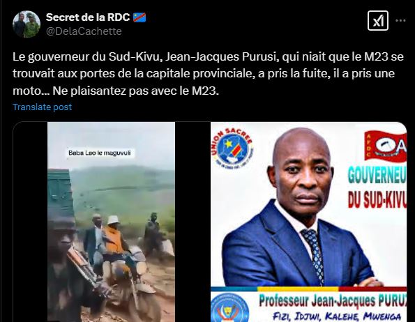 Publication prétendant montre le gouverneur du Sud-Kivu, Jean-Jacques Purusi fuir sur une moto suite l'arrivée du M23 