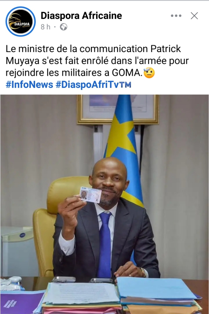 Capture d'écran de la publication prétendant que Patrick Muyaya s'est enrôlé dans l'armée