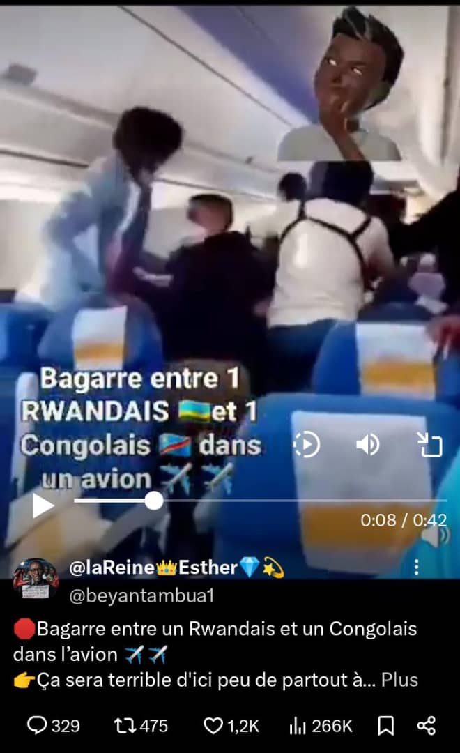 Publication du vidéo qui prétend montrer une bagarre entre un Congolais et un Rwandais dans un avion en plein vol