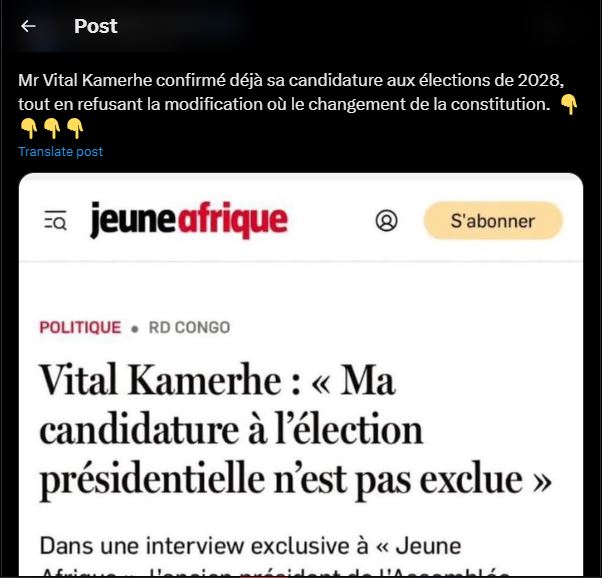 Prétendue déclaration de Vital Kamerhe sur la présidentielle de 2028