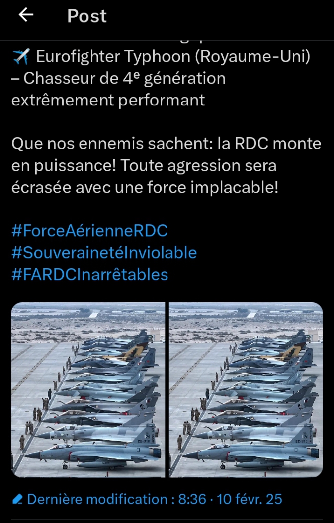 Capture d'écran de la publication montrant des prétendus nouveaux avions de guerre de l'armée congolaise
